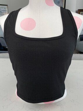 Tentree Ribbed Cropped Recycled Poly Blend Tank Top Meteorite Black Sz M